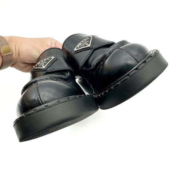 PRADA Black Lug Sole Loafer Size 37.5 Platform Monolith Leather Chunky Heel Logo - Picture 5 of 12